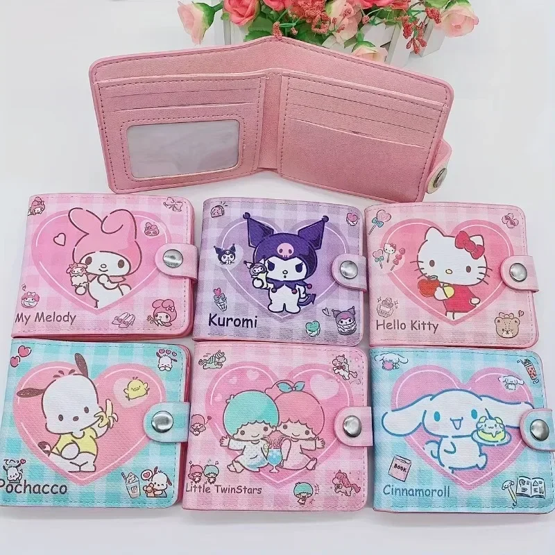 

Sanrio Melody Hello Kitty Cinnamoroll PU Curte Short 2 Fold Cartoon Purse Card Holder Wallet Kuromi Button Card Bag Wallet