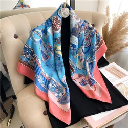 Luxury Women 90x90CM New Twill Silk Big Square Scarf Shawl Fashion Printed Design Summer High Quality Ladies Sunscreen Scarves