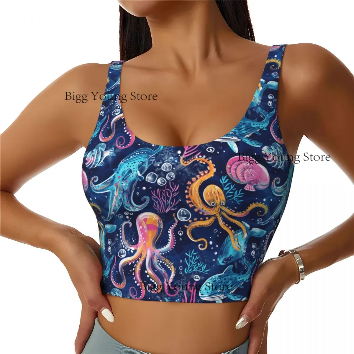 Yoga Vest Women Gym Sports Crop Tops Colorful Underwater Creatures Streetwear Workout Breathable Tank Top Female