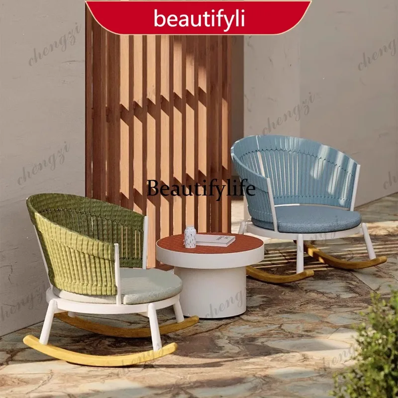 

01A Rattan rocking chair balcony sofa outdoor coffee table open-air combination three-piece set lazy garden furniture