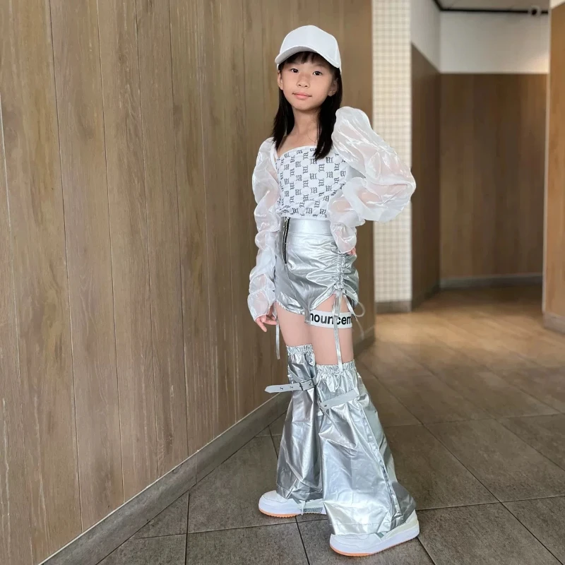

Girls' Jazz Dance Performance Costume Silver Leather Runway Show Children's Street Dance Performance Costume Girl Group Set