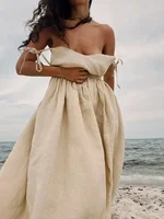 Bornladies Spring Summer Beach Style Women Dress Vintage Loose A-line Sling Dress Sexy Hot Girl 100% Cotton V-neck Dress - Image 2