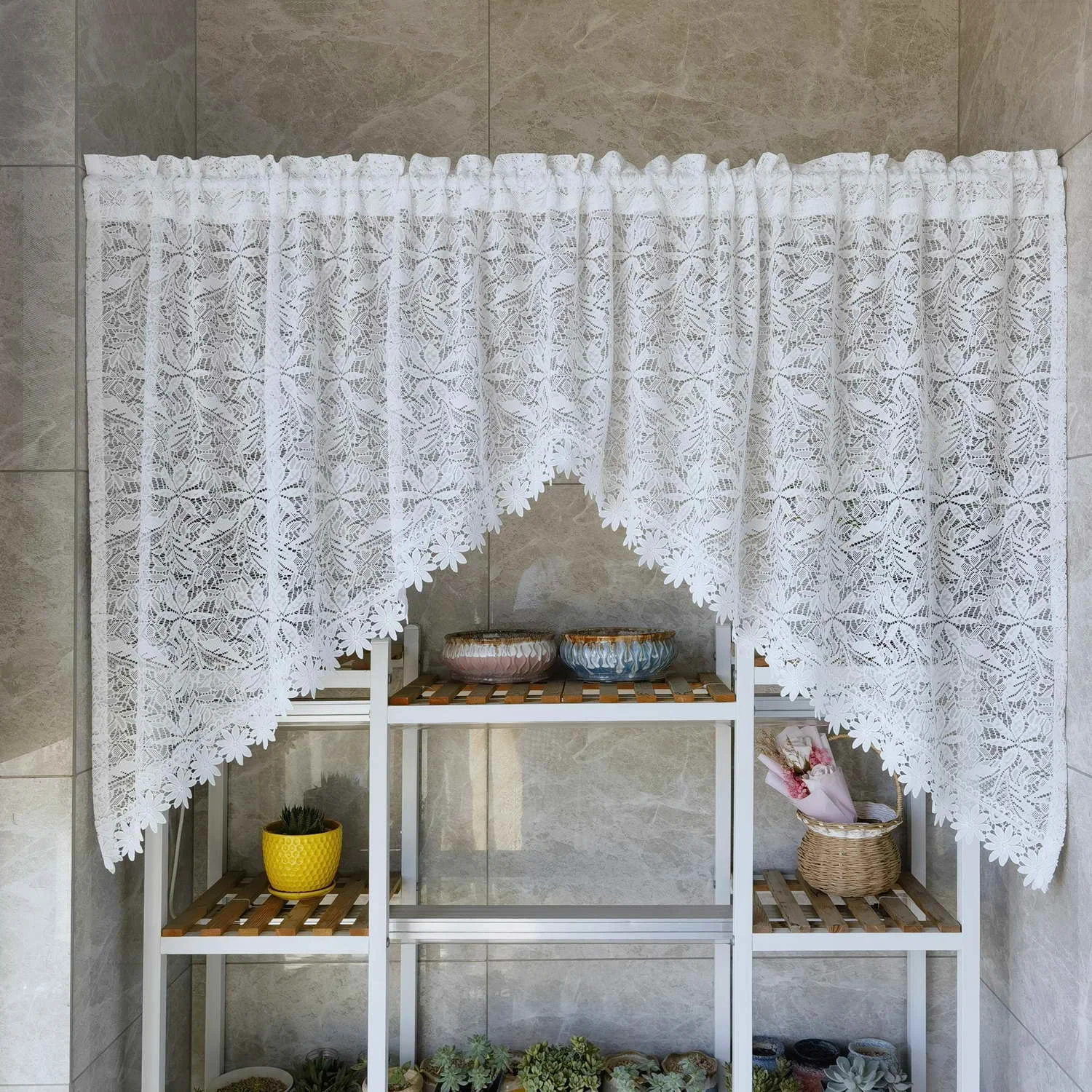 1PC Romantic Hollow Lace Short Curtain for Kitchen White Sheer Drape Cabinet Dustproof Study Special Rod #E 2