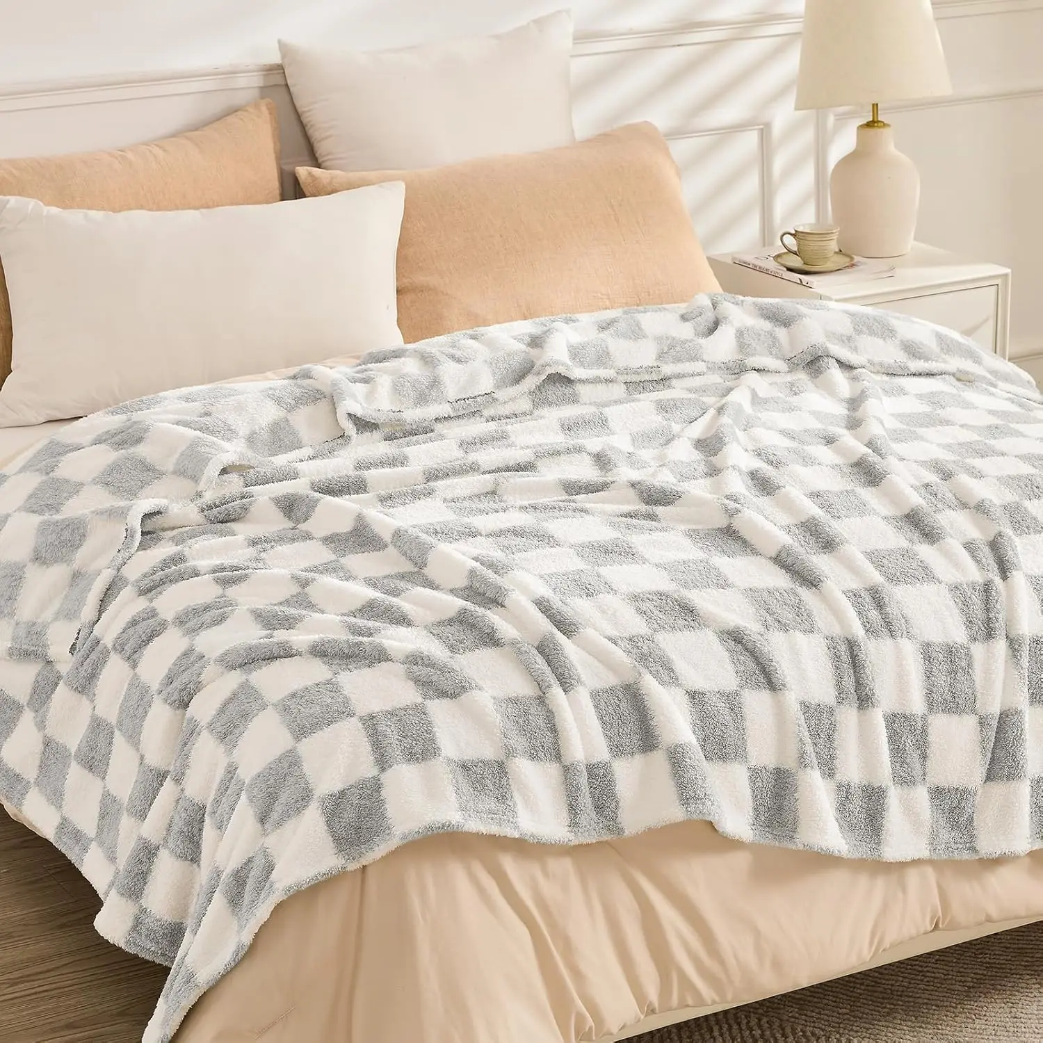 

Checkered Blanket Queen Size - 80""X90"" Grey Knit Blanket Soft Fluffy Patterned Throw Blankets For Couch, Sofa, Chair, Bed,