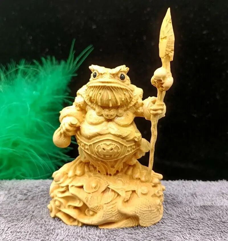 Boxwood Carved Toad Warrior Statue Sculpture Animal Frog Decor