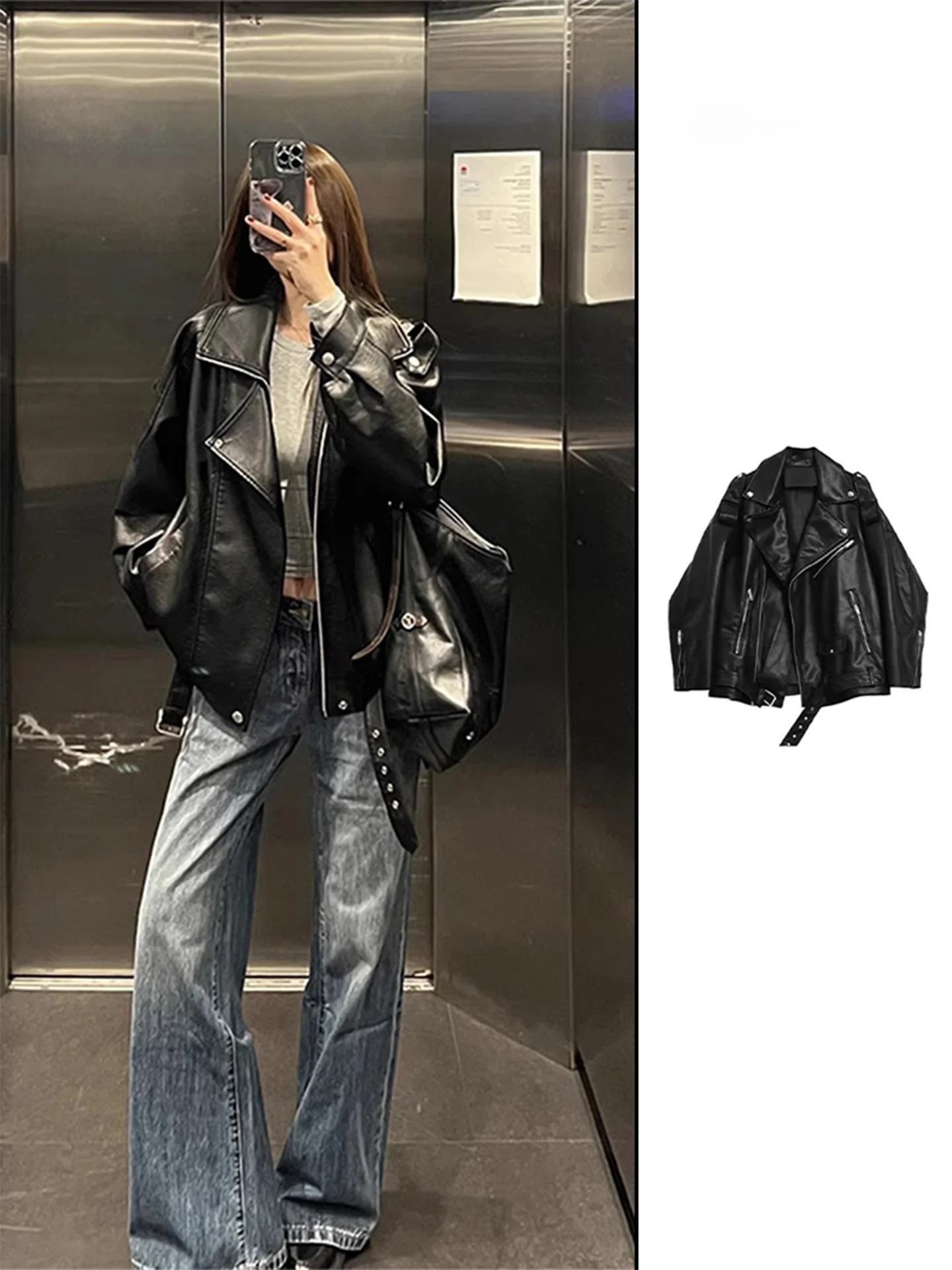 

Стильная черная кожаная куртка для женщин, мотоциклетная, весна-осень, новая модная трендовая модель, повседневная, на молнии, с длинными рукавами