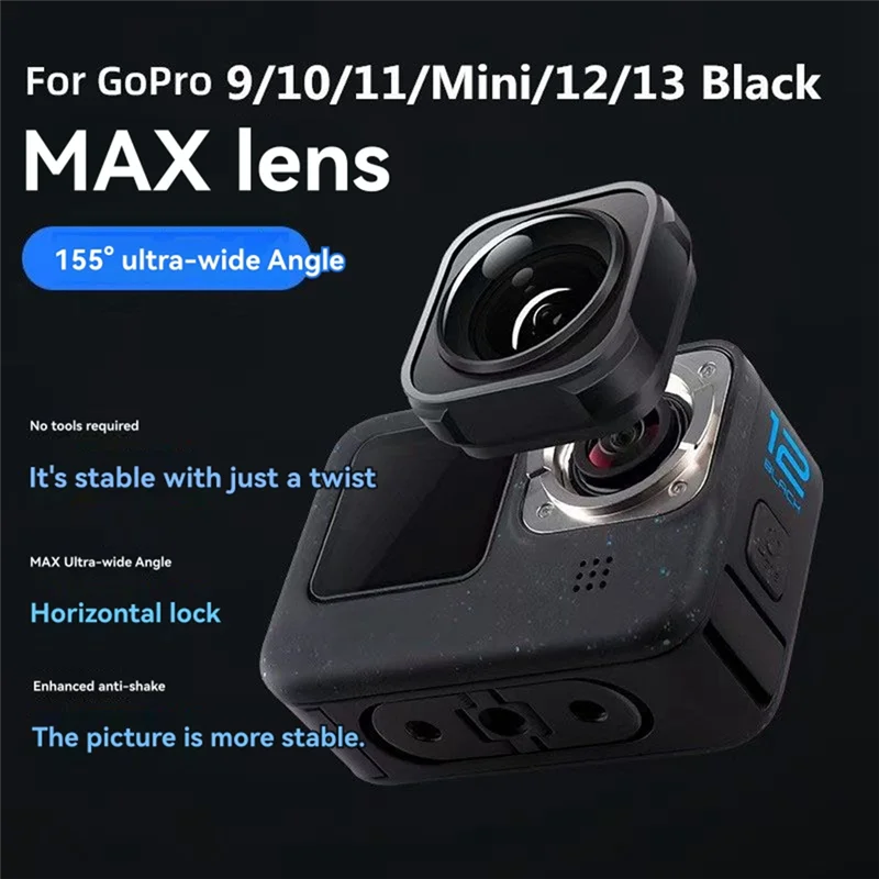 JABS-広角レンズ 155 °   最大レンズ Mod Gopro Hero 12 11 10 9 カメラ 5 メートル防水手ぶれ補正