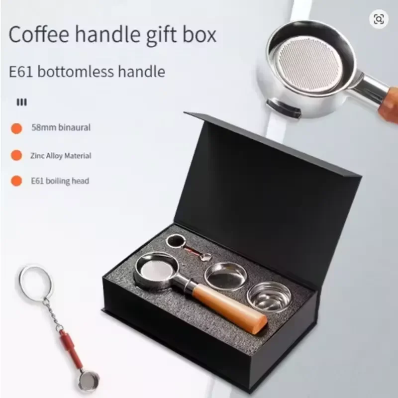 Stainless Steel Ergonomic Wooden Handle Coffee Filter Holder E61 Bottomless Portafilter 58mm Coffee Machine Tools Set