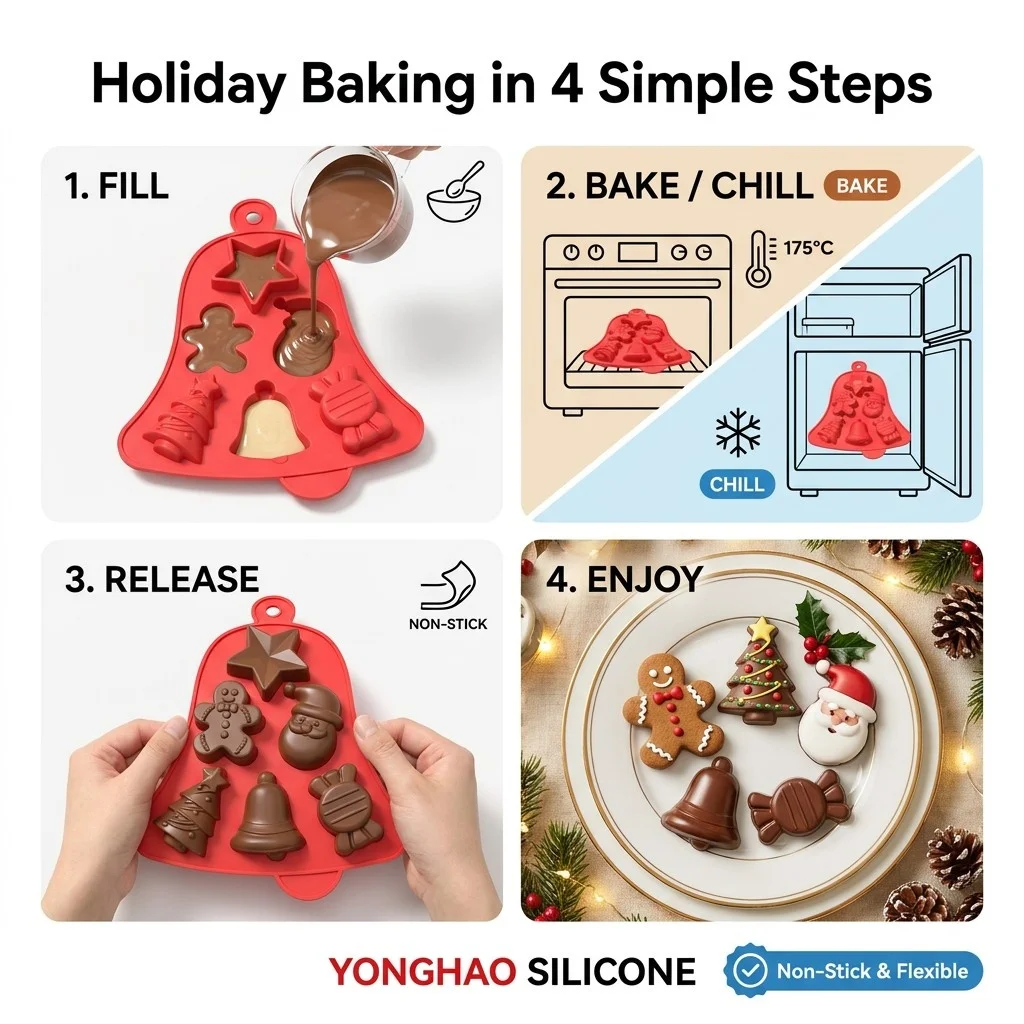 Xmas Theme Silicone Mould 6‑Cavity Bell Gingerbread Man Santa Claus Tree Star Candy Mold For Baking Chocolate Handmade Soap