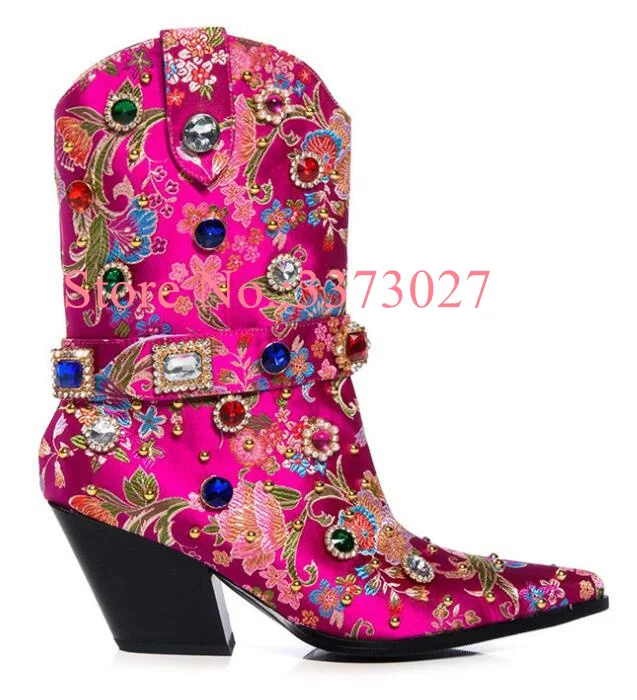 Embroidery Crystal Lady Ankle Boots Fashion Jewel Decor Chunky Heel Woman Short Boots Sexy Female Mid-calf Boots