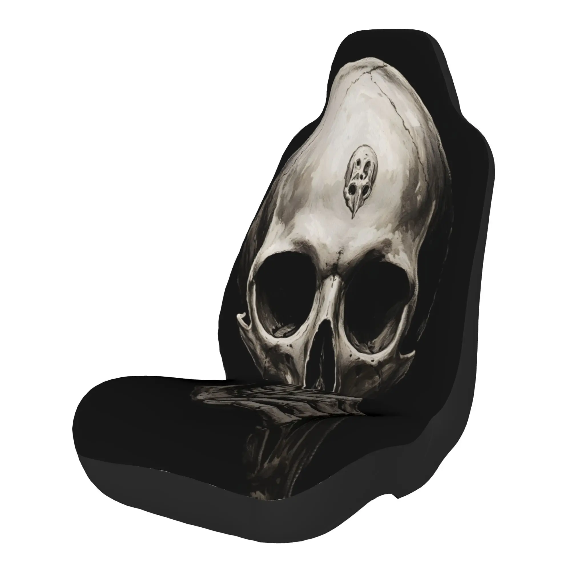 2pcs A Somber Human Skull With A Tiny Bird Skull On Its Forehead, Hand Resting Thoughtfully On Its ChinCar Seat Covers, Suitable