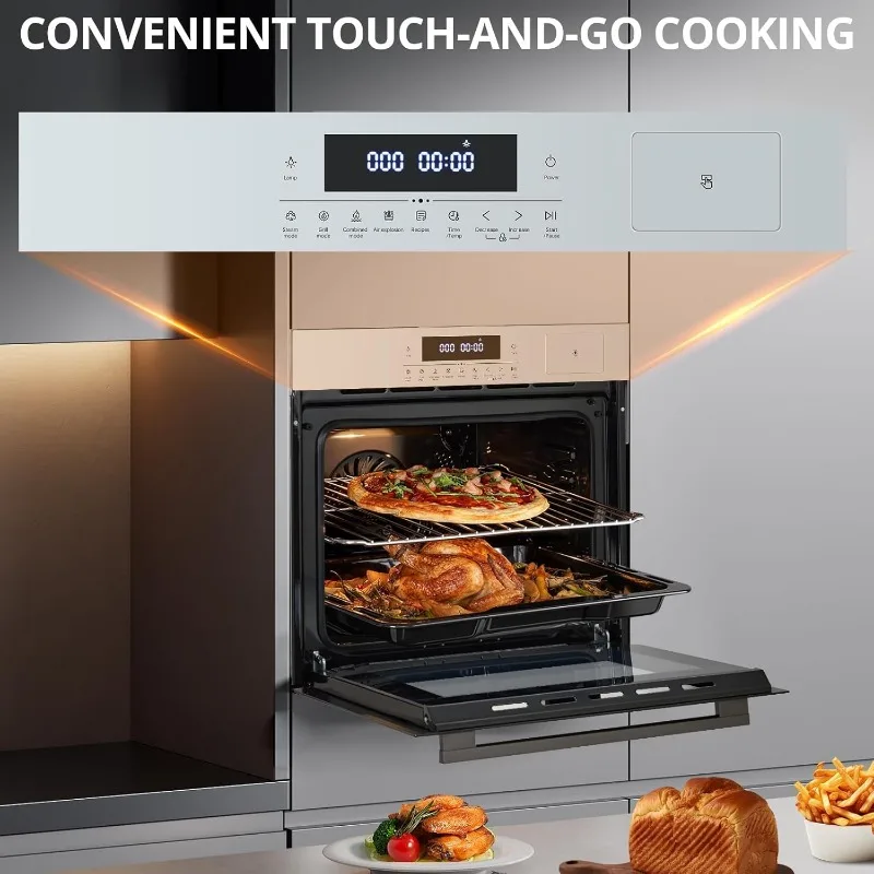 Fornos de Parede Elétricos de 24 Polegadas com 8 Funções de Cozinha, Forno Elétrico de 108 Receitas Automáticas, 2,5 Cu