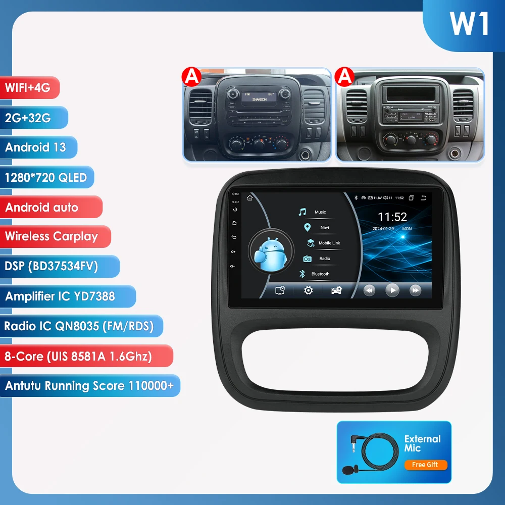 9" Hizpo 2Din CarPlay Android Auto Autoradio für Opel Vivaro B 2014 - 2018 Renault Trafic 2014 - 2021 RDS DSP GPS Navi BT 4G SWC 3