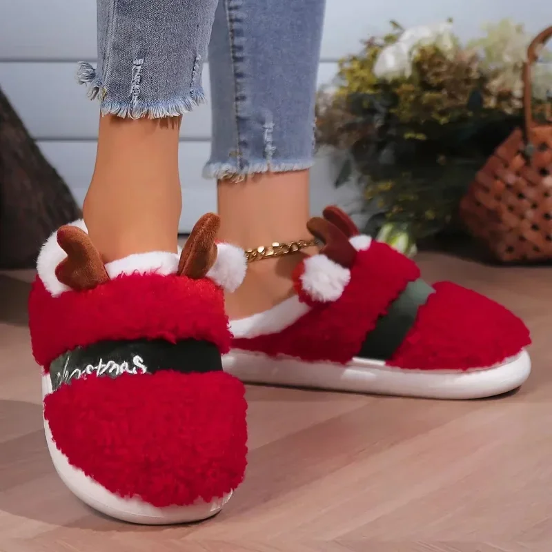 Christmas Slippers for Couples Men Women Cute Santa Claus Embroidery Furry Slides Family Plush House Shoes Non Slip Winter Gift