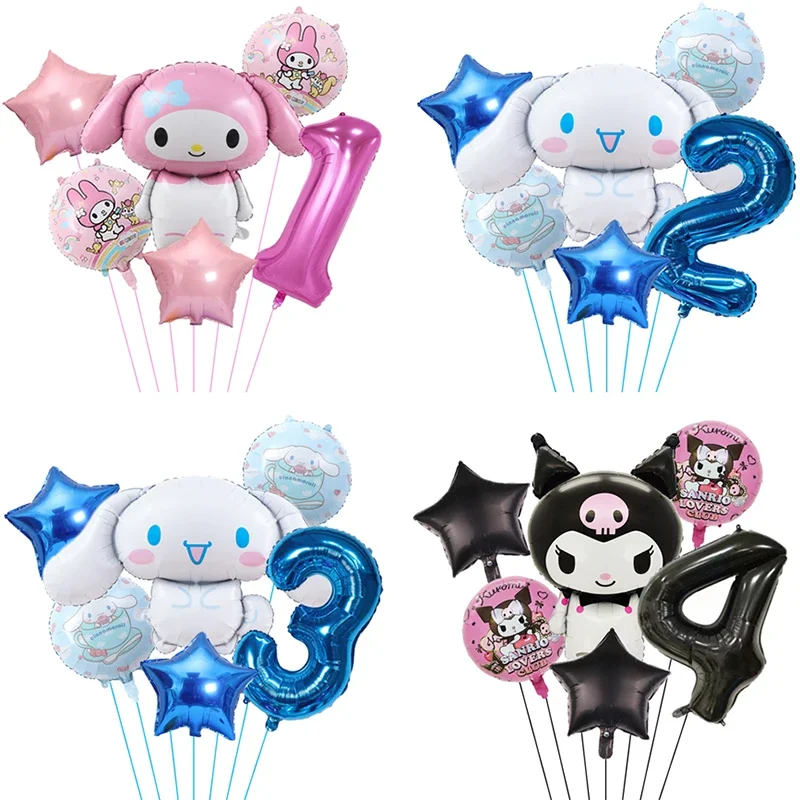 6 uds dibujos animados Sanrio lindo Kuromi My Melody Cinnamoroll globo de aluminio juego de números de 32 pulgadas juguetes decorativos para fiesta de cumpleaños para niños