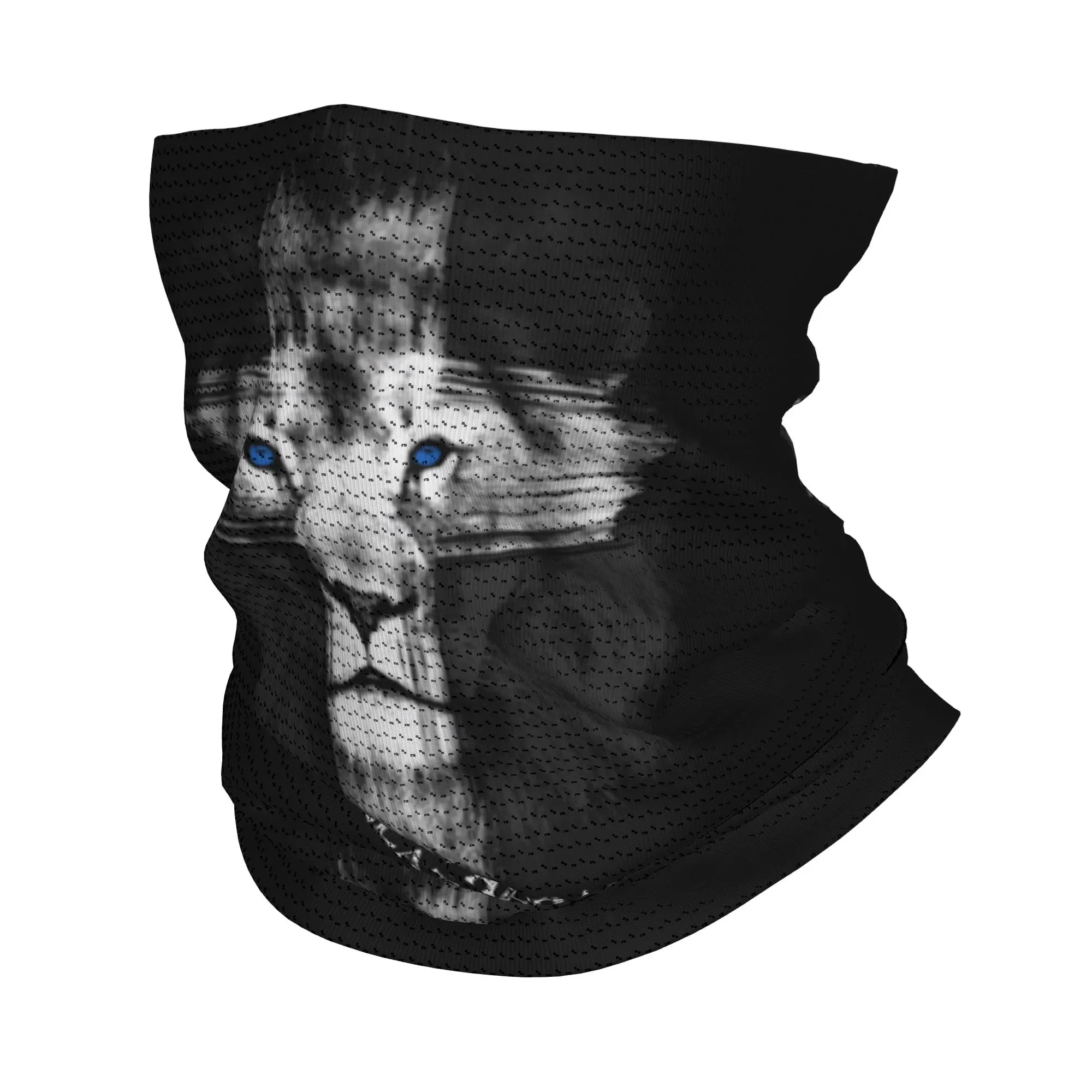 Braga de cuello multifuncional personalizada con diseño de León de Judá y Cruz de Jesús, ideal para invierno, senderismo y caza, con temática de fe cristiana.