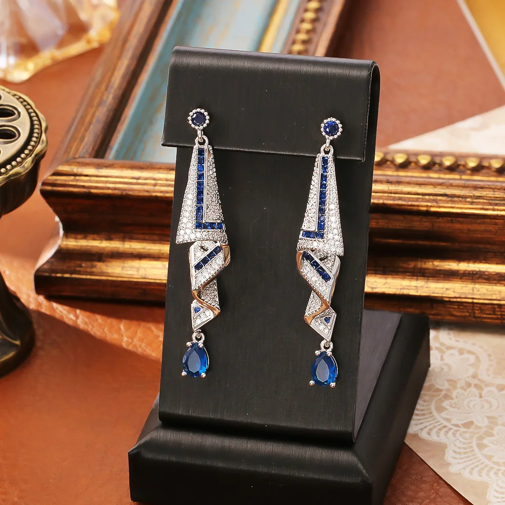 

Luxury Shiny Blue Zirconia Ribbons Design Long Wedding Bridal Earrings Delicate and elegant lady-like earrings Party Jewelry