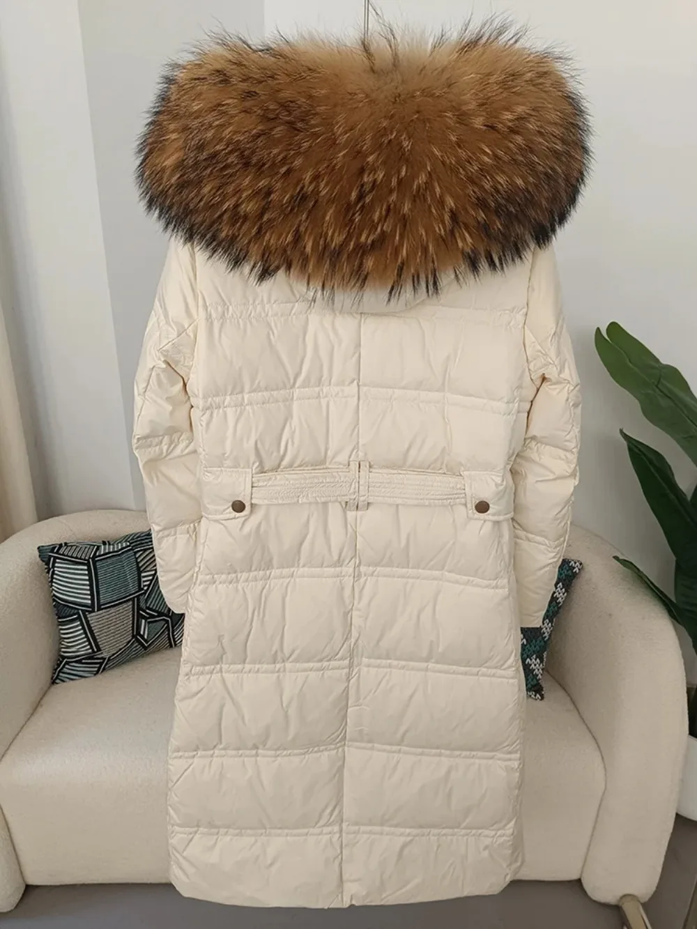 Real Raccoon fur Winter Natural Fox Fur Collar Jacket Long Women 2024 Thick Warm Duck Down Coat Belt Outerwear Streetwear