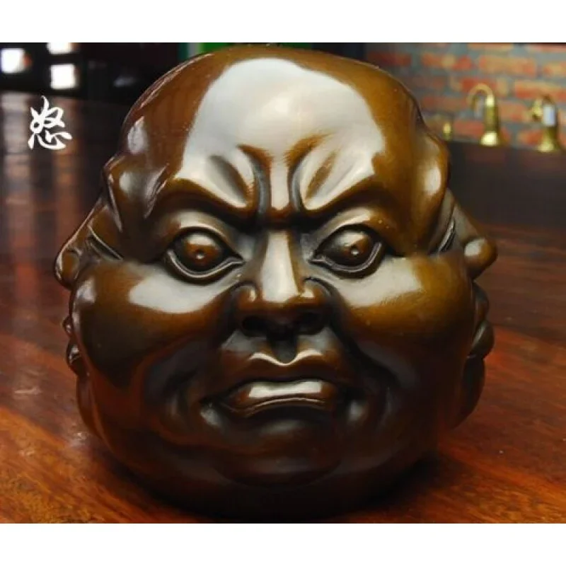 collectable Tibet old bronze life 4 emotions four faces Buddha head statue 8cm