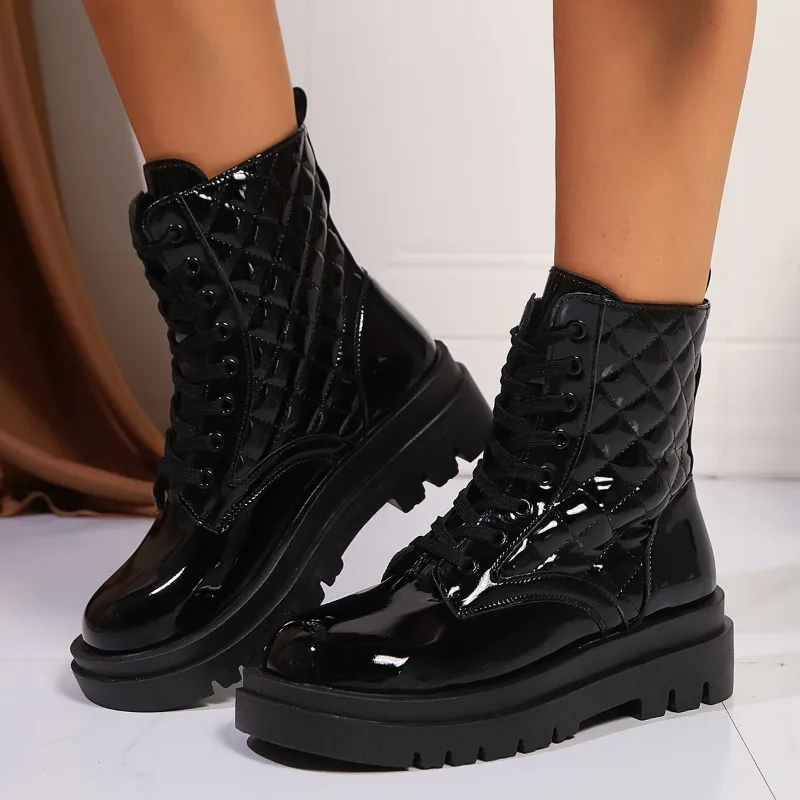 

Patent Leather Platform Ankle Boots Women Lace-Up Chunky Heels Motorcycle Botas Mujer Thick Bottom Autumn Boots Woman 2024 New