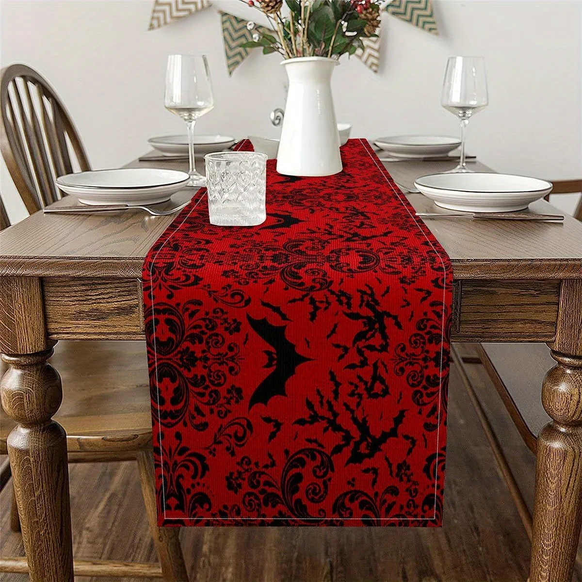 Baroque Gothic Bat Table Runner Vintage Floral Pattern Perfect for Halloween Restaurant and Living Room Decoration