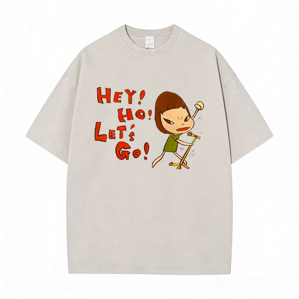 

Washed Vintage Yoshitomo Nara Hey Ho Let's Go T Shirt Men's Women Casual Funny Humor T-shirt Unisex Y2k Art Aesthetic T-shirts