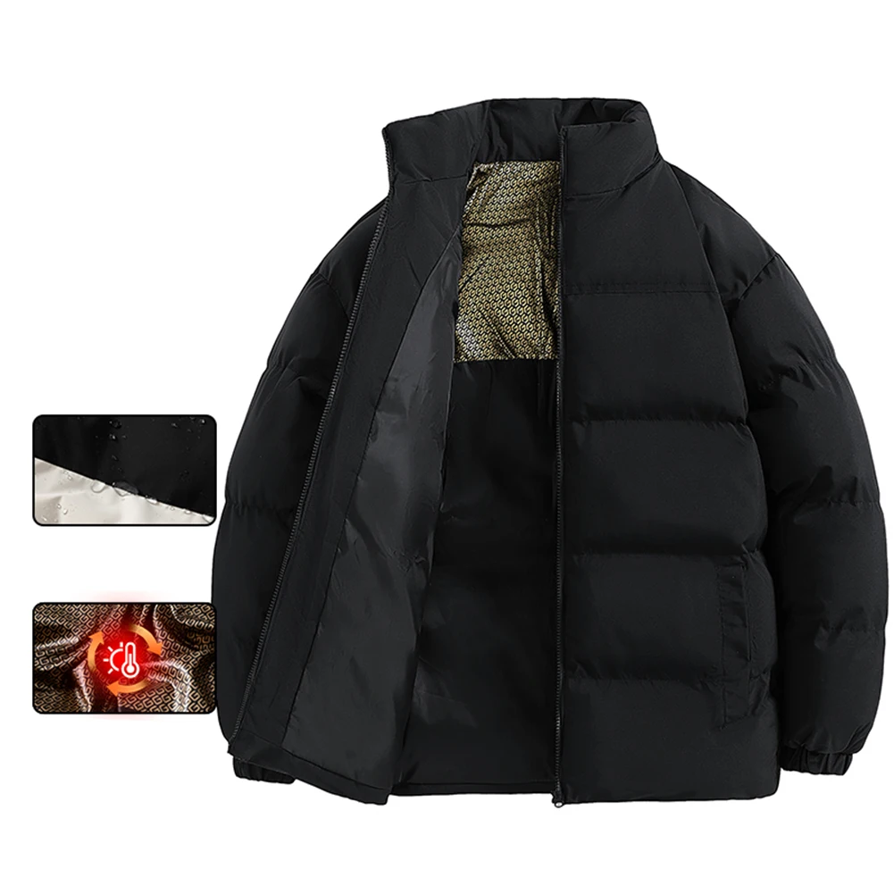 Men Women Bread Coat Windbreaker Jacket Thickened Warm Solid Parka Outerwear with Stand Collar Long Sleeves Casual Use