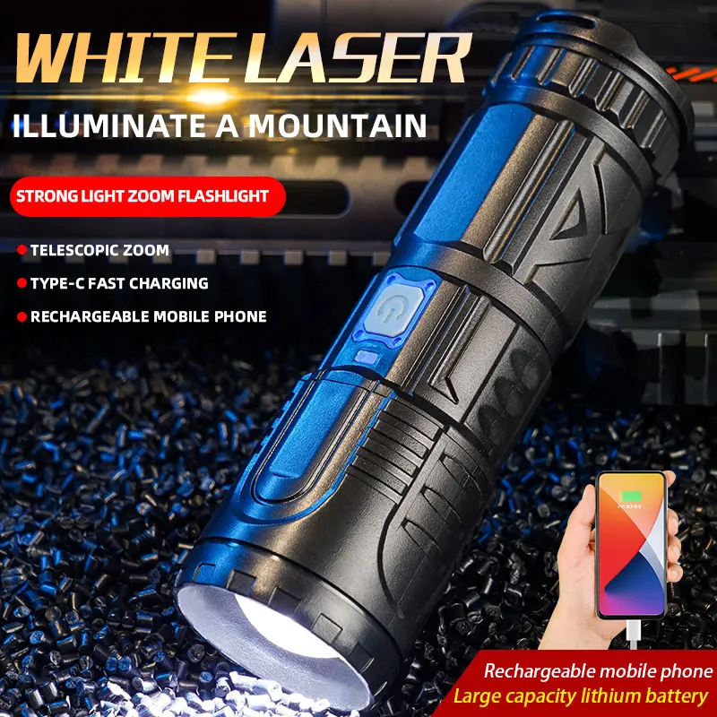  USB Rechargeable Outdoor Flashlight AG55 Laser Wick Long Range Lamp Emergency Power Bank Function LED Light Mountaineering Torch 