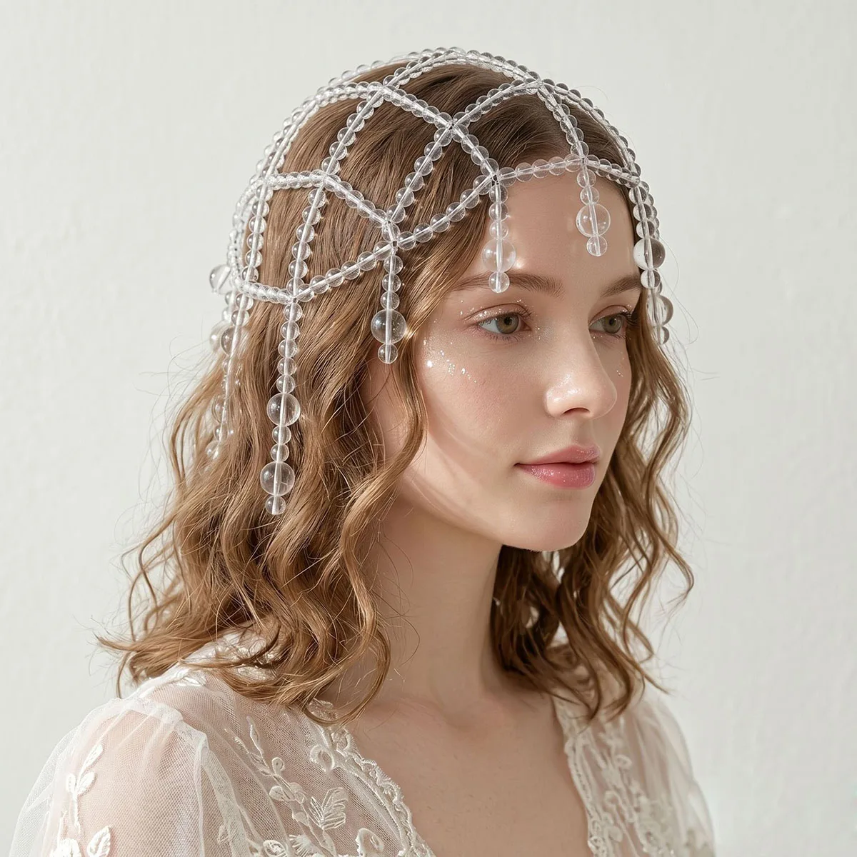 SLBRIDAL Handgefertigtes Charm-Netz mit Kristallperlen-Tropfen, Perlenbesetztes Haarnetz, Braut-Haaraccessoires für Frauen und Mädchen, Kopfschmuck – Detail 4