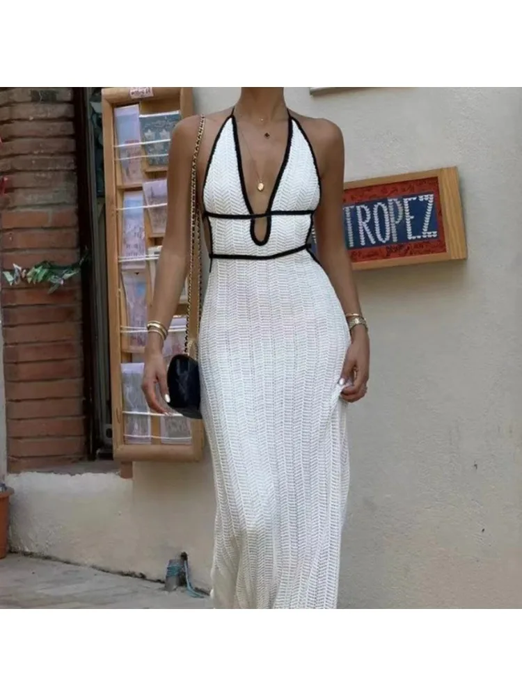 Robe longue tricotée sans manches pour femmes, décontractée, couleur bloquée, été, plage, vacances, Sexy, col licou, taille en V profonde, Robe de plage
