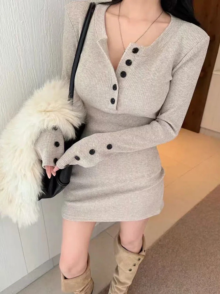 Autumn Knit Mini Dress for Women Korean Sexy Slim Button Bodycon Skirt Y2K Fashion Streetwear All Match A Line Dress New
