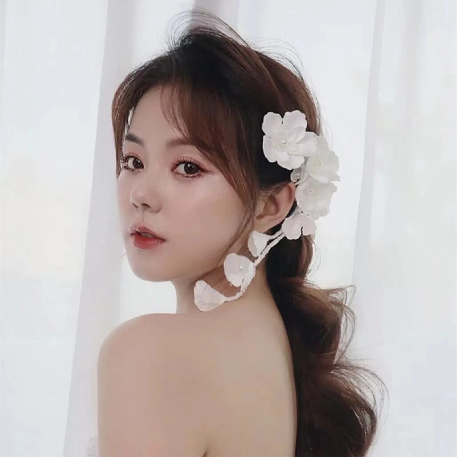 Handmade White Flower Bridal Earrings Wedding Jewelry Women Korean Bridal Wedding Banquet Headband Earring Party Accessory