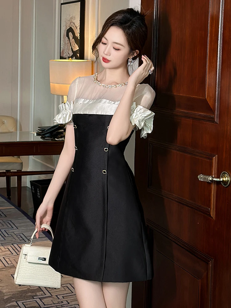 Summer Fashion Elegant Formal Occasion Evening Dress Women Clothes Retro Sheer Sexy O-Neck Puff Sleeve Slim Short A-Line Vestido