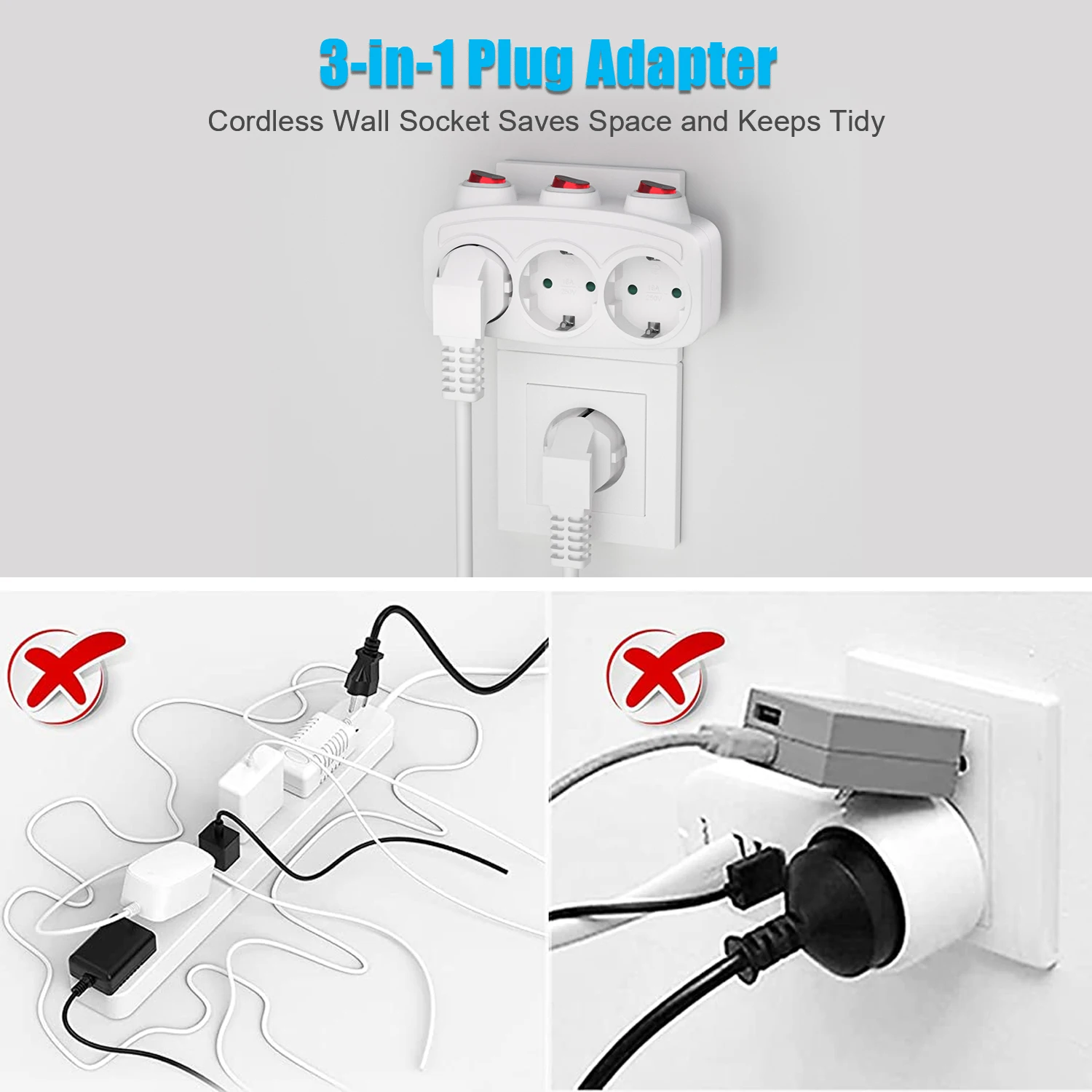3-socket adapter with switch, 3-socket plug adapter, multi-socket with switch, socket distributor