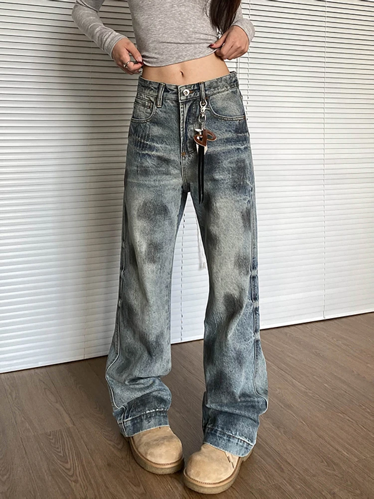 Pouvez-vous aru-Jeans en denim de style américain pour femmes, pantalons College cargo, bas à poches cloche, High Street FjPatchwork, esthétique