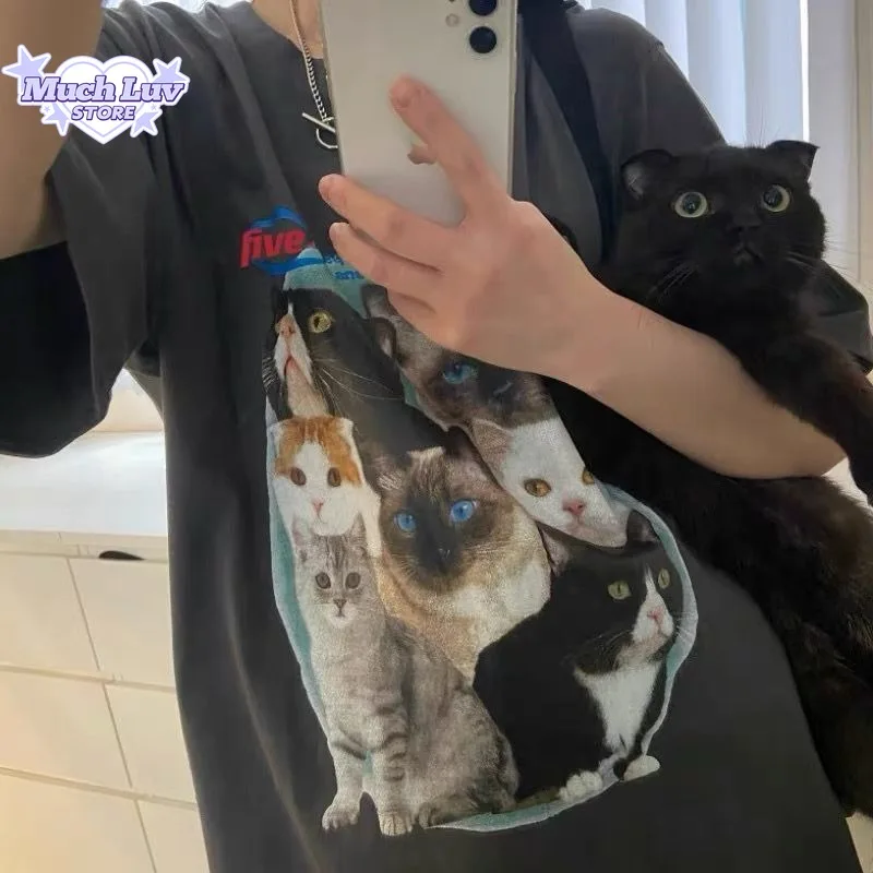 Invincible and Cute Cat Print T-shirted for Men and Women Summer Fashion Trend Casual Comfy Pure Cotton Couple Short Sleeve Top