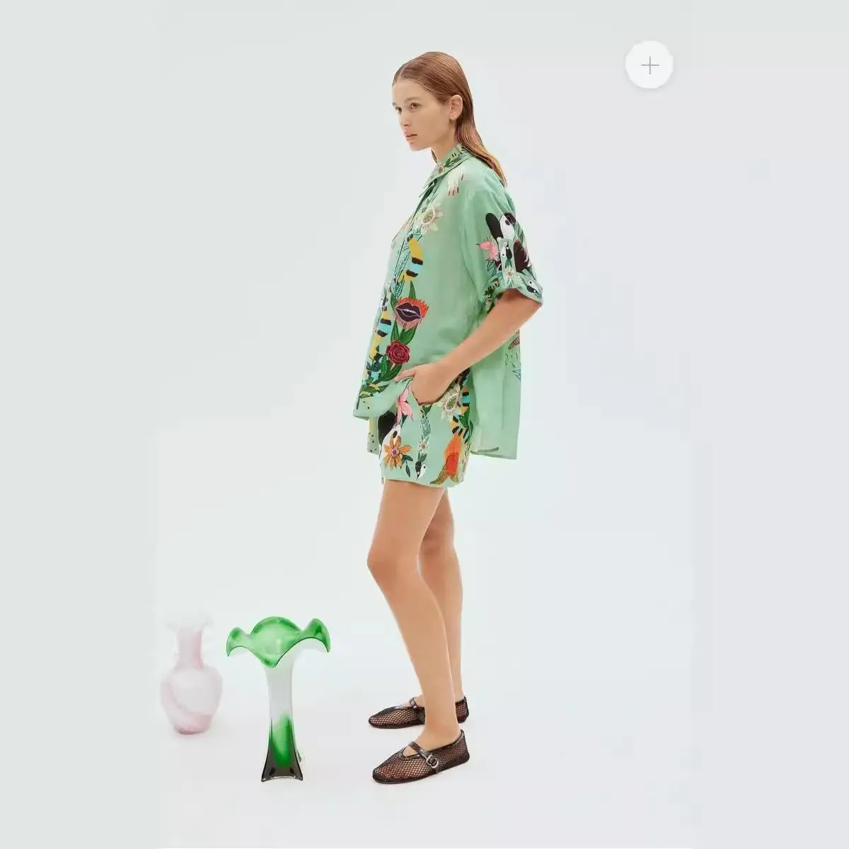 

Комплект из хлопка и льна с принтом irt orts, женский модный летний наряд, брюки пять четвертей, европейский комплект одежды для взрослых