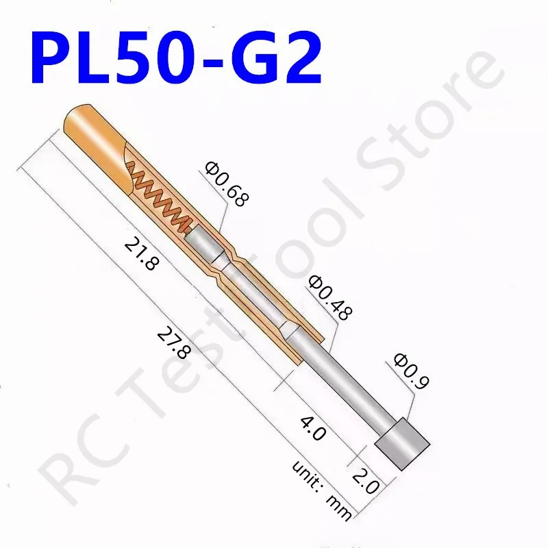 

100PCS PL50-G2 Spring Test Pin PL50-G Test Probe Copper Pogo Pin Metal Test Needle Test Tool 27.8mm Dia 0.68mm 0.90mm 0.48mm