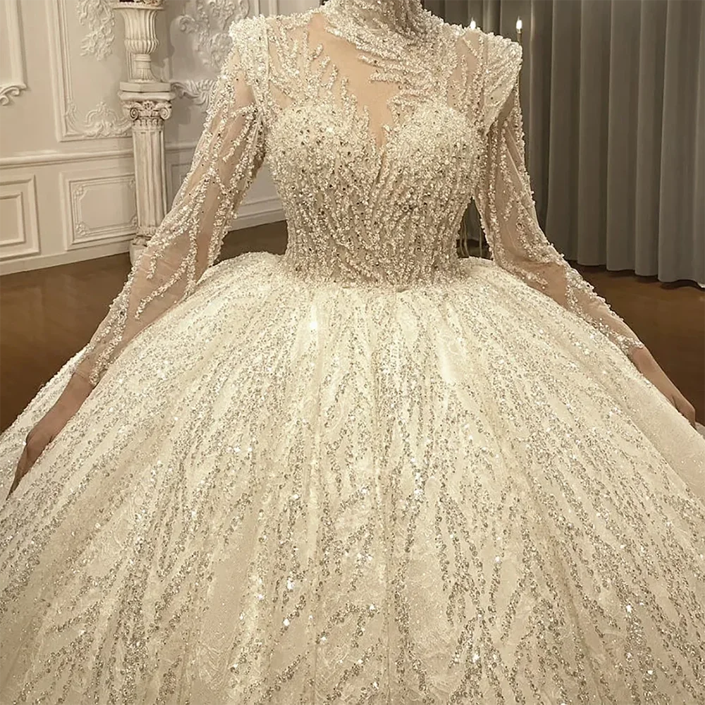 فاخر ذوي الياقات العالية الديكور كم كامل الكرة ثوب العروس فساتين زفاف أثواب الزفاف حسب الطلب