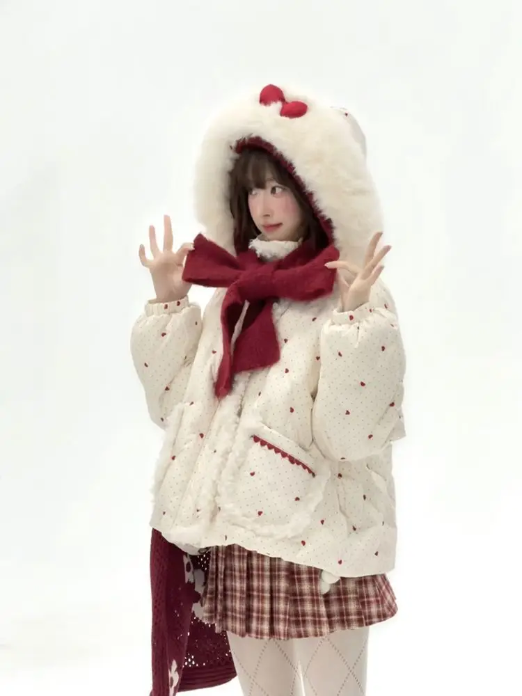 

Japan Autumn And Winter New Sweet And Cute Polka Dot Hooded Coat Cotton Short Coat