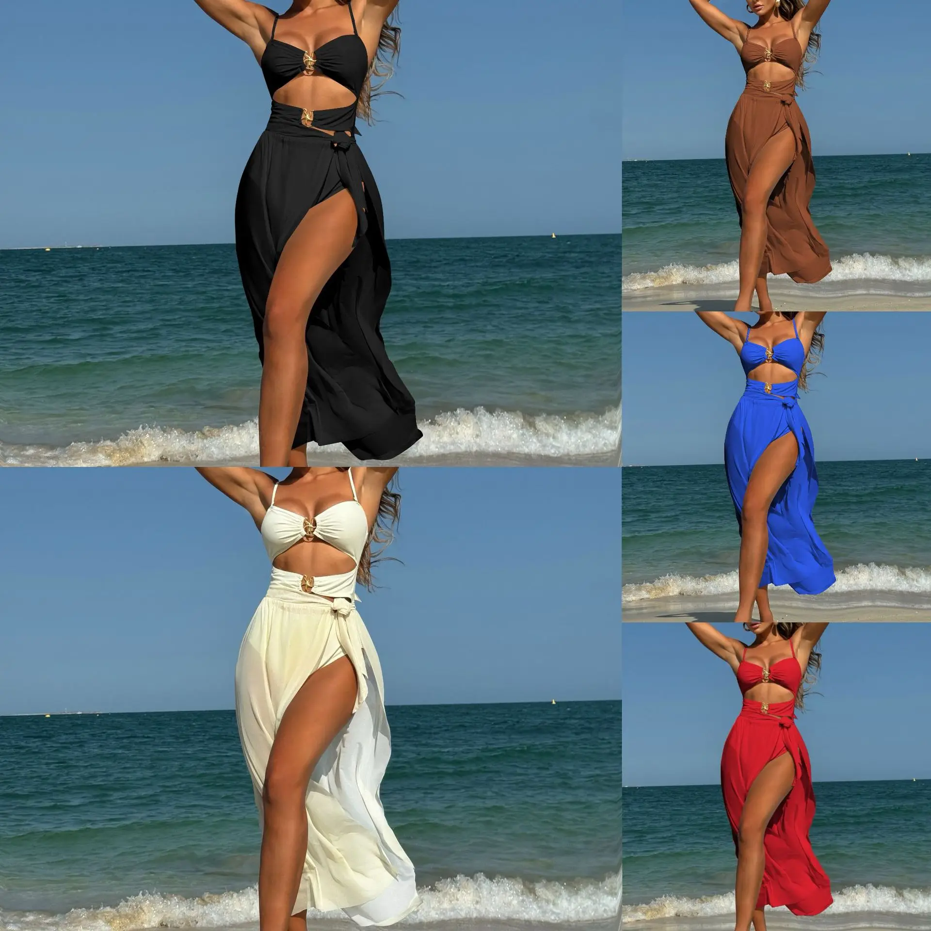 New Solid Color Sexy Mesh Dress Three-piece Swimsuit Bikini