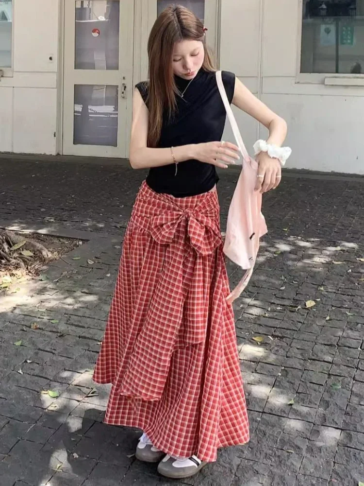 Deeptown Korean Style Red Plaid Skirt Women Vintage Y2k Bow Long Skirt Harajuku Street Fashion Retro Ruffle Skirts Aesthetics