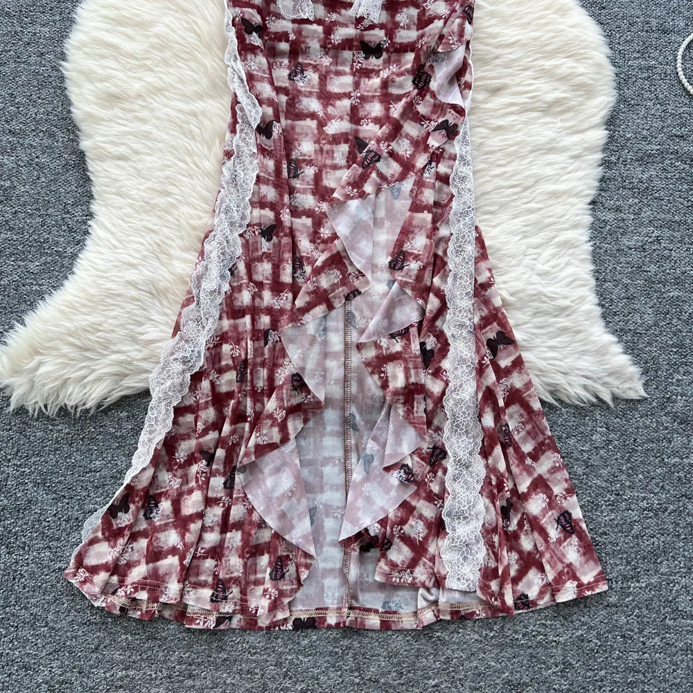 Chic vintage Sexy stampa in pizzo diviso sottile Elegante Fata Estate moda coreana Boho Vestito estivo abbigliamento donna Abito lungo