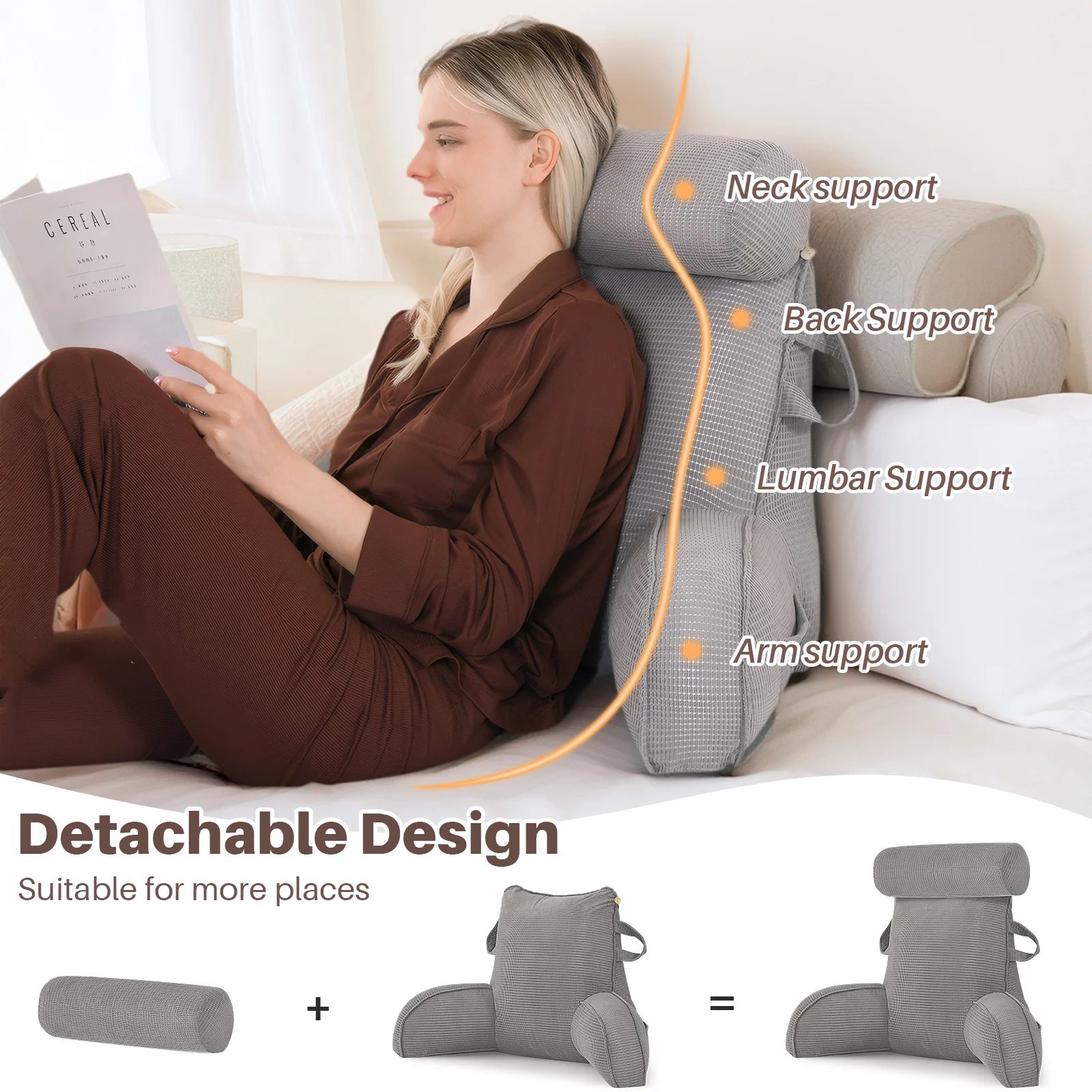 Lesekissen für Bett und Sofa mit abnehmbarem Bezug - Rückenkissen fürs Bett - Memory-Schaum-Lesekissen mit Armlehne, ideal zum Lesen, Fernsehen, Entspannen oder als Rückenstütze – Detail 5