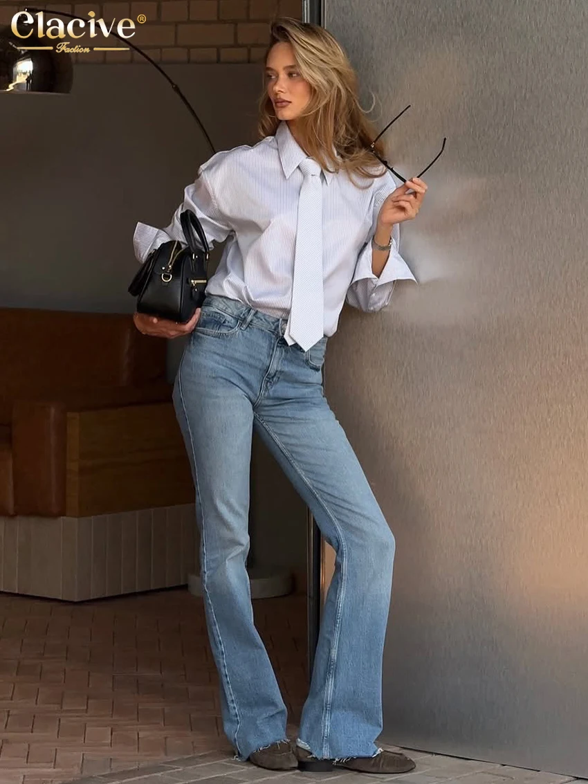 Clacive ファッションルーズブルーストライプ女性のブラウス 2026 春ラペル長袖シャツエレガントなクラシックネクタイトップ女性服