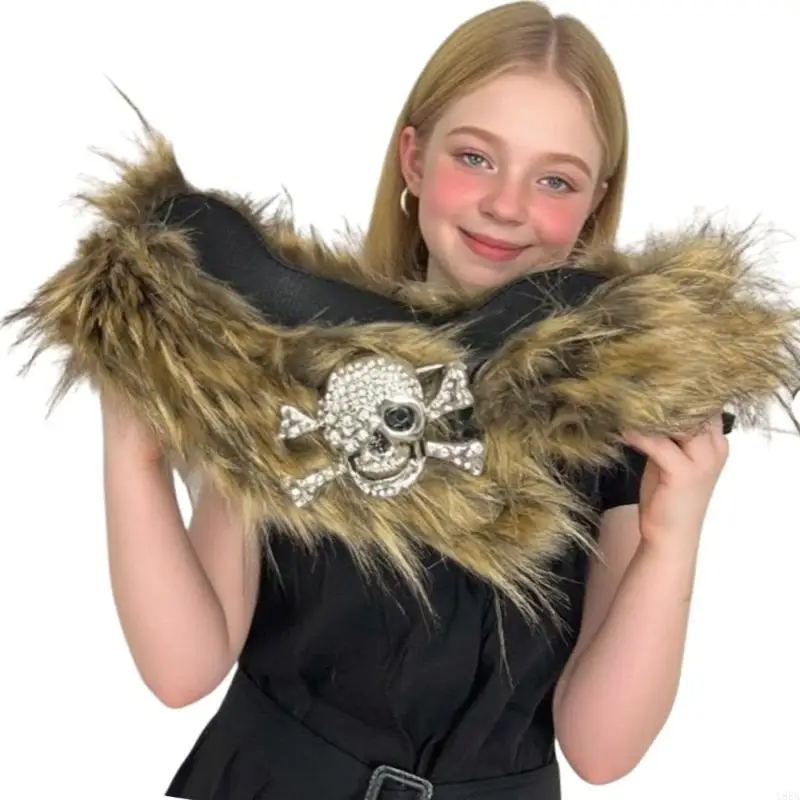 Y88a Регулируемый ужас тематическая пояс пушистого пояса, показывая дизайн черепа и нечеткий коричневый вид