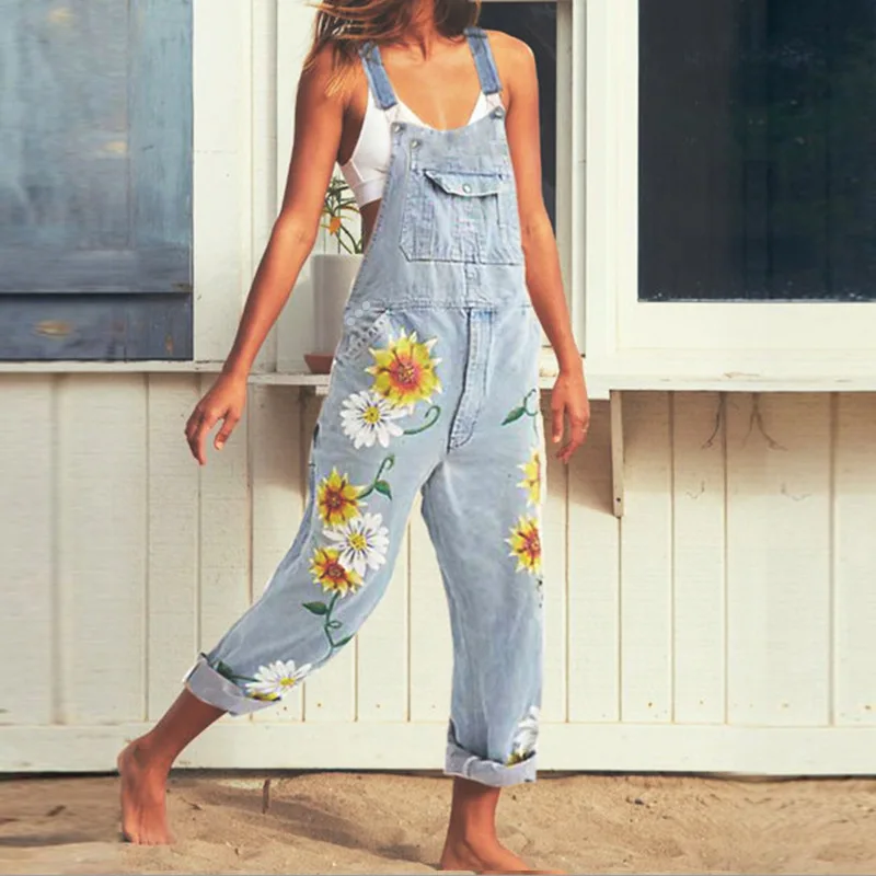 2024 Women Girl Washed Denim bodysuit Ladies Casual Jeans Flower Print Rompers Womens Jumpsuit Overalls #4 Denim Jumpsuits