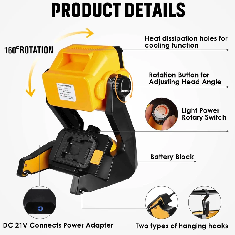 

2500LM For Makita/Bosch/DeWalt/Milwaukee 14.4V-18V Battery Portable Spotlight Led Work Light Outdoor Emergency Light Tool light