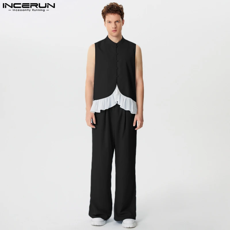 INCERUN Men Sets Ruffle Patchwork Stand Collar Sleeveless Vests & Wide Leg Pants 2PCS Streetwear 2024 Fashion Men\'s Casual Suits