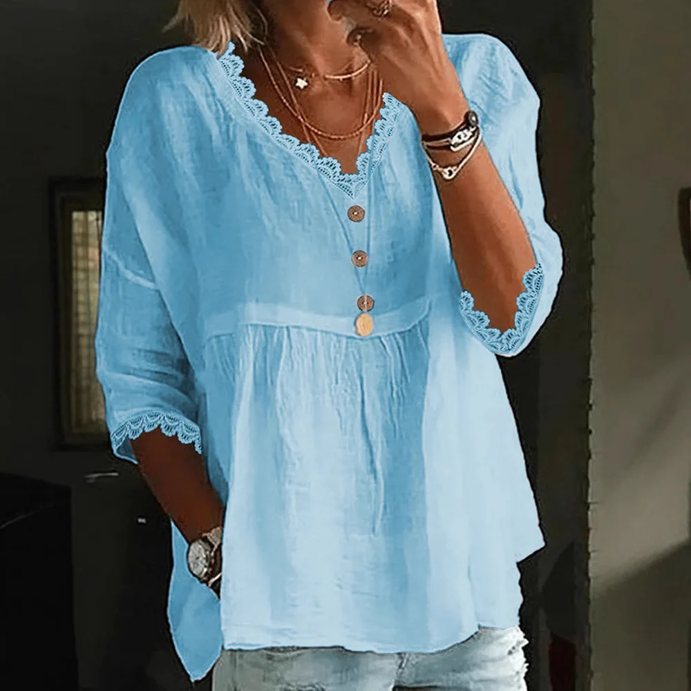 

2025 New Women's Casual Sleeve Lace V-neck Pullover Multi-color Women's Top Shirt